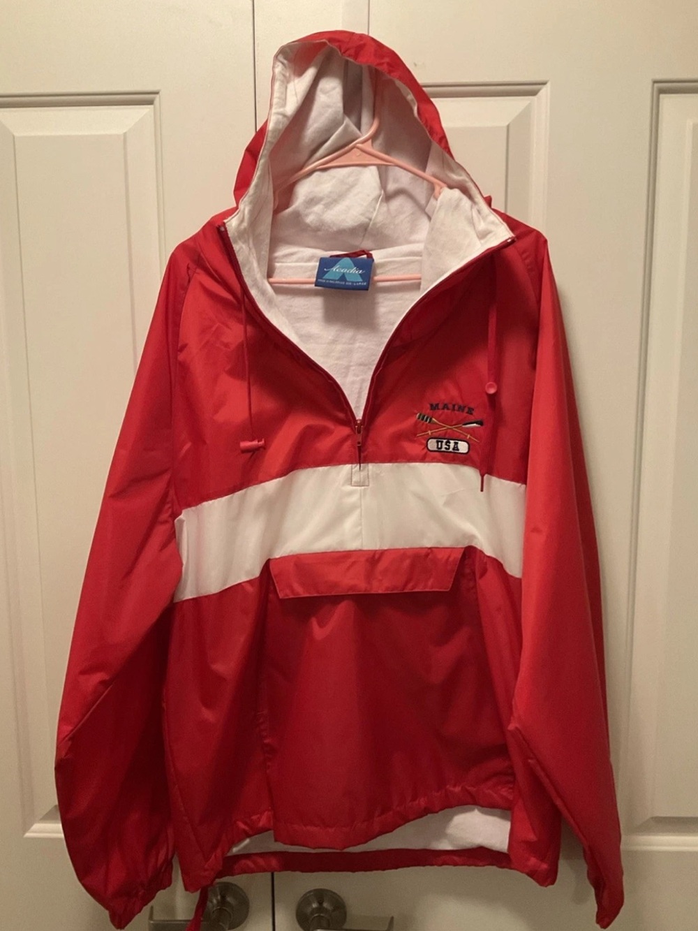 Acadia Maine USA Rowing 1/4 Zip Fleece Lined Hooded Windbreaker Red/White Size L